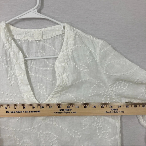 120% Lino White Y Neck Linen Side Slit Embroidered Dot Blouse size US 10 - Picture 5 of 12